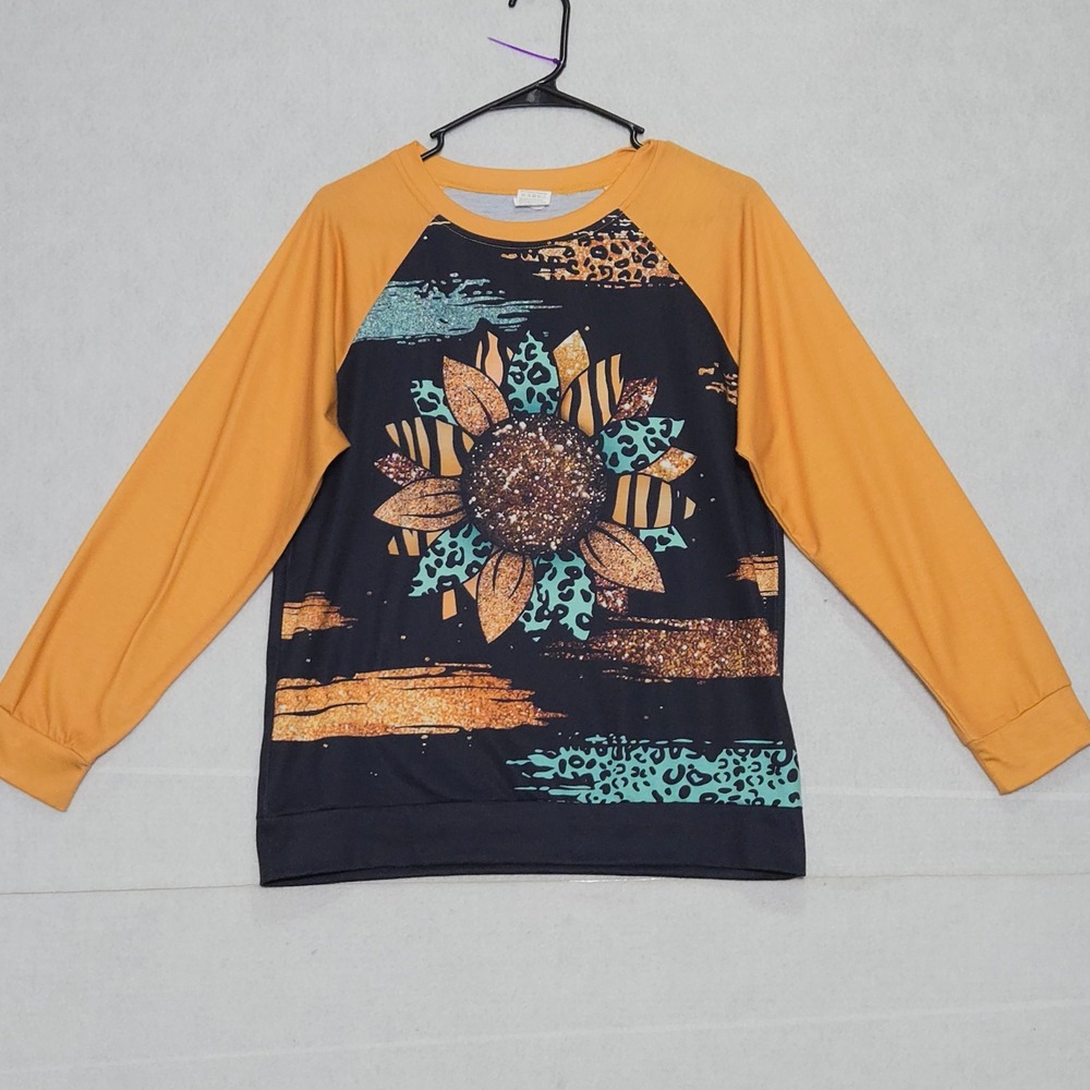 Sunflower Animal Print Raglan Long Sleeve Top Mustard Yellow Black Size M